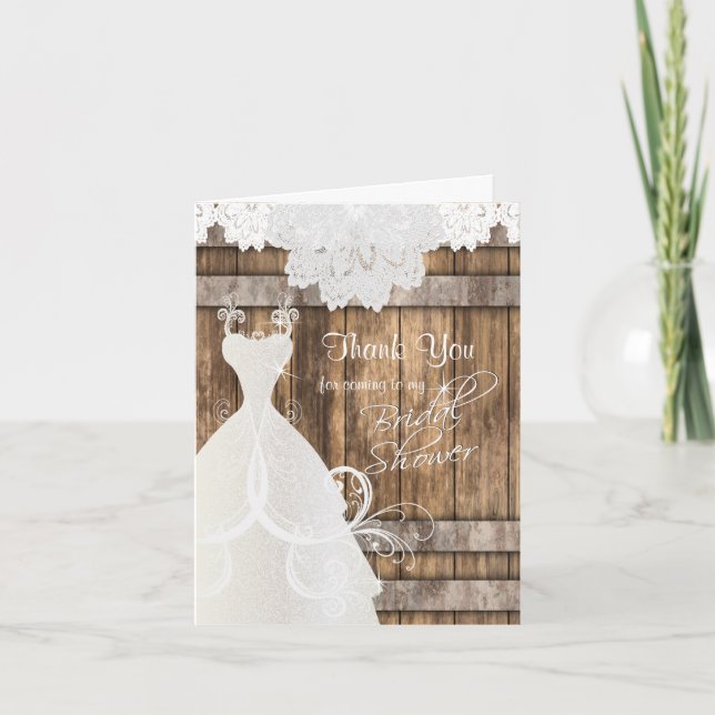 Bridal Shower in Rustic Wood and Lace Thank You Card (Front)