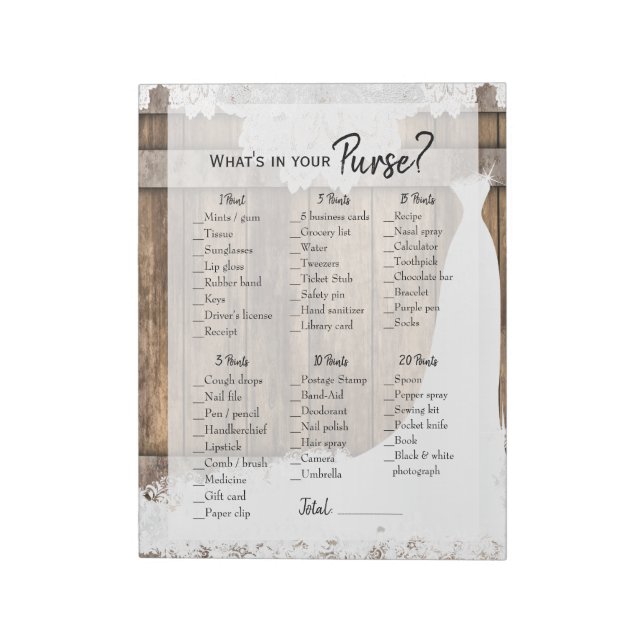 Bridal Shower in Rustic Wood and White Lace Game Notepad (Rotated)