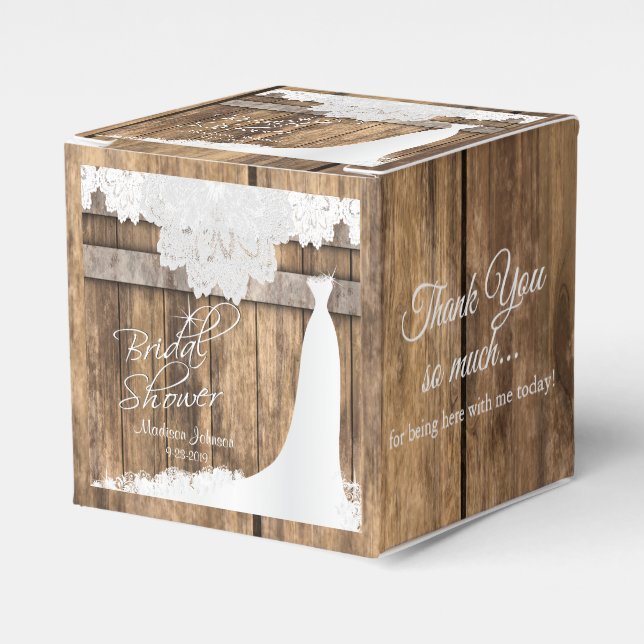 Bridal Shower in Rustic Wood * White Lace Design Favour Box (Front Side)