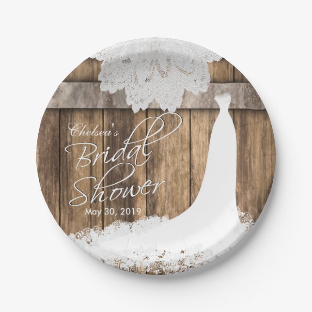 Bridal Shower in Rustic Wood & White Lace Paper Plate (Front)
