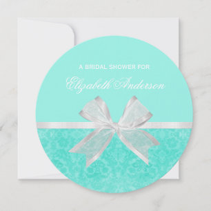 Bridal Shower Invitation Aqua Damask White Bow