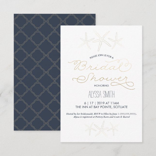 Bridal Shower Invitation - Beach, Starfish, Gold (Front/Back)