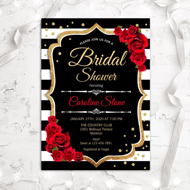 Bridal Shower Invitation Black White Stripes Roses (Creator Uploaded)