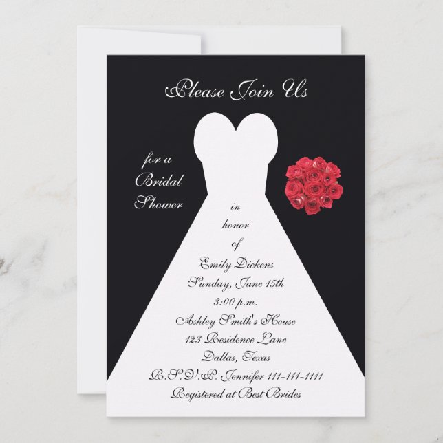 Bridal Shower Invitation - Bridal Gown Red Roses (Front)