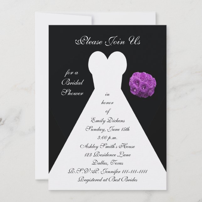Bridal Shower Invitation -- Bridal Gown w Purple (Front)