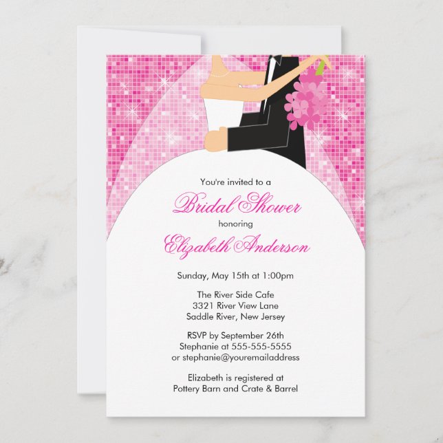Bridal Shower Invitation Bride Groom Pink Sparkly (Front)