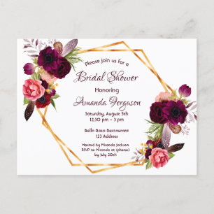 Bridal shower invitation burgundy floral bohemian postcard