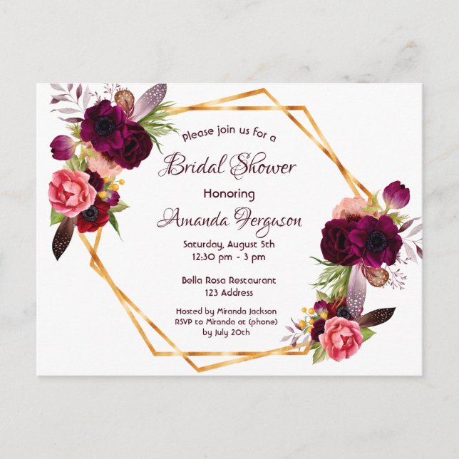 Bridal shower invitation burgundy floral bohemian postcard (Front)