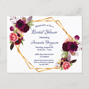 Bridal shower invitation burgundy floral boho blue postcard