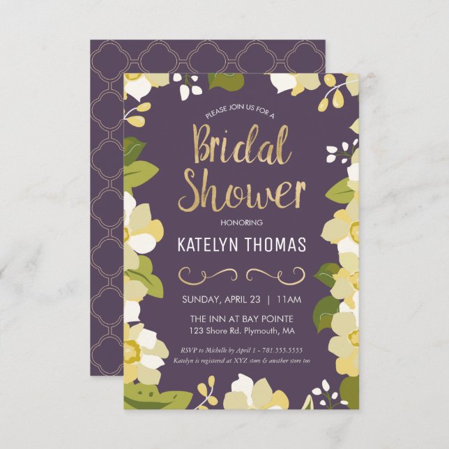 Bridal Shower Invitation, Customise Floral w/ Gold Invitation (Front/Back)