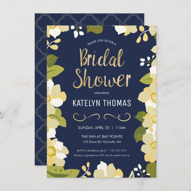 Bridal Shower Invitation, Customise Floral w/ Gold Invitation (Front/Back)