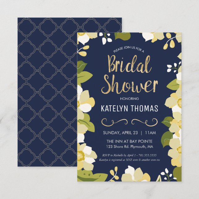 Bridal Shower Invitation, Customise Floral w/ Gold Invitation (Front/Back)