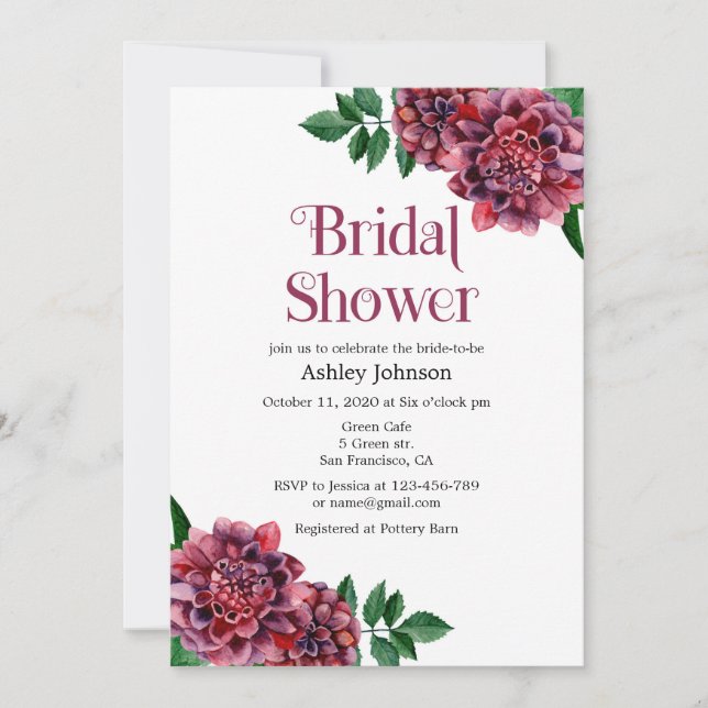 Bridal shower invitation dahlias. Burgundy invites (Front)
