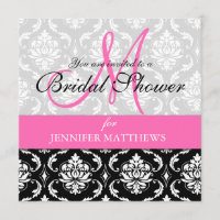 Bridal Shower Invitation Damask Hot Pink Monogram