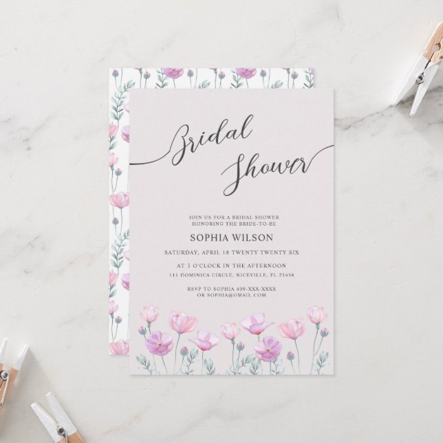 Bridal Shower Invitation delicate flowers. (Front/Back In Situ)