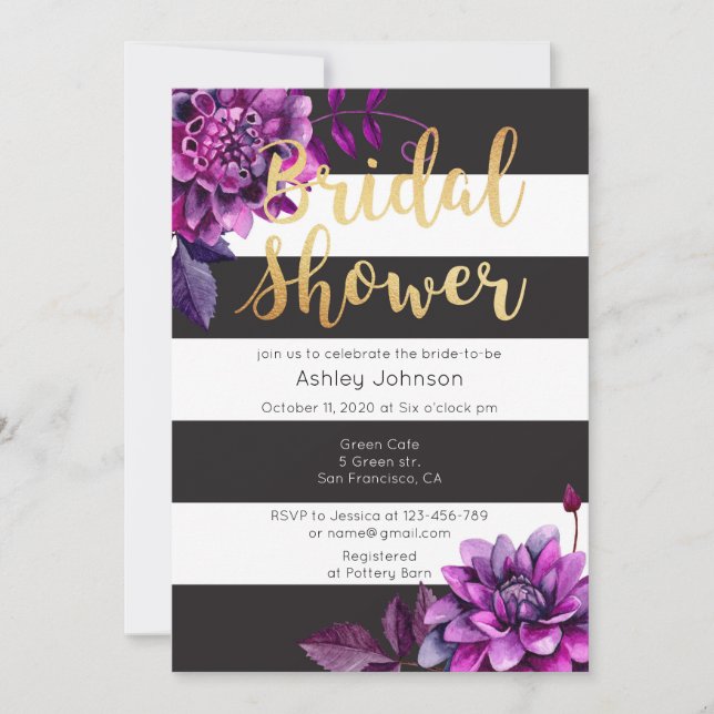 Bridal shower invitation gold. Black and purple (Front)