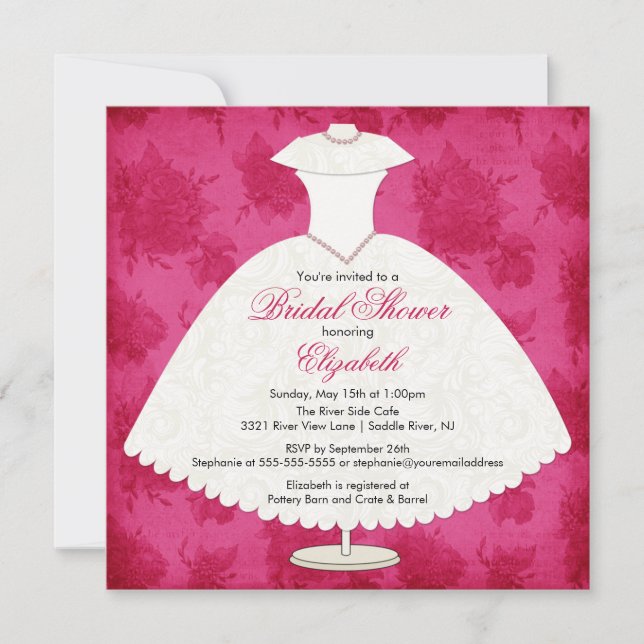 Bridal Shower Invitation Gown Magenta Pink Rose (Front)