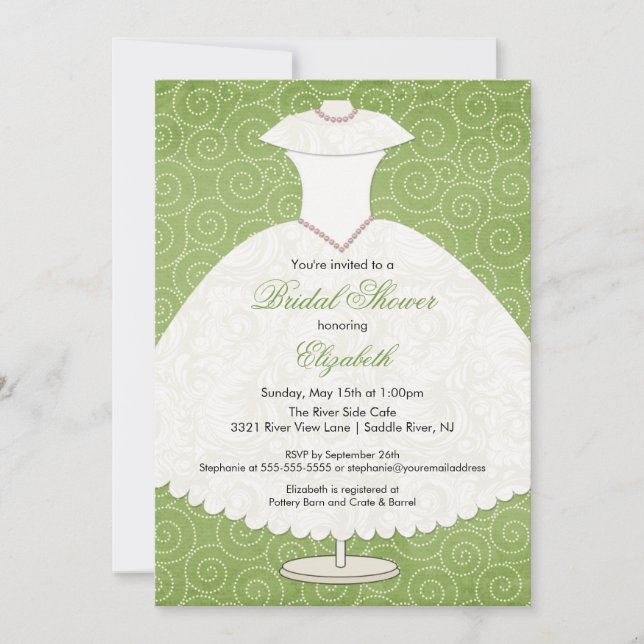 Bridal Shower Invitation Gown Sage Green Swirls (Front)