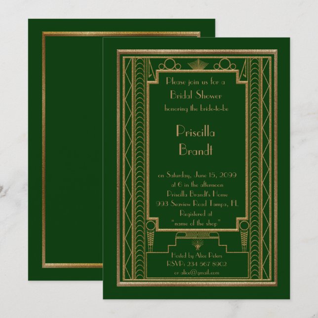 Bridal Shower invitation,great Gatsby gold green Invitation (Front/Back)