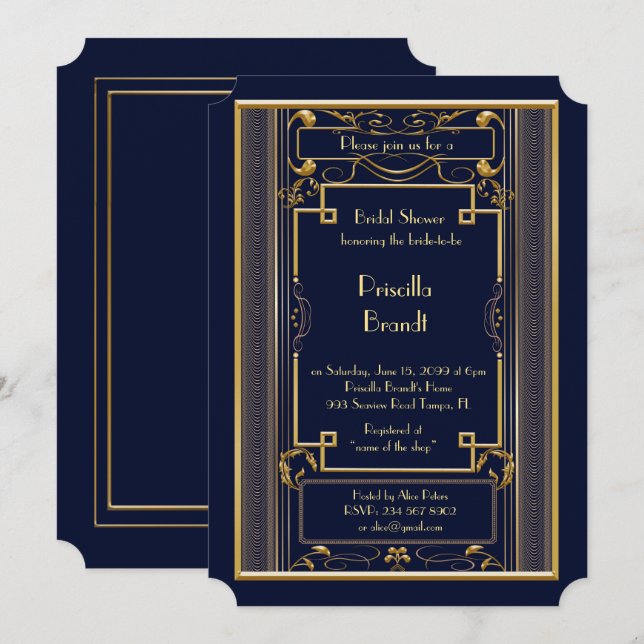 Bridal Shower invitation,great Gatsby gold navy Invitation (Front/Back)