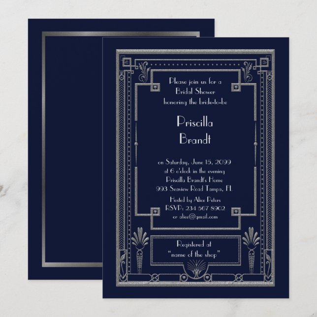 Bridal Shower invitation,great Gatsby gold silver Invitation (Front/Back)