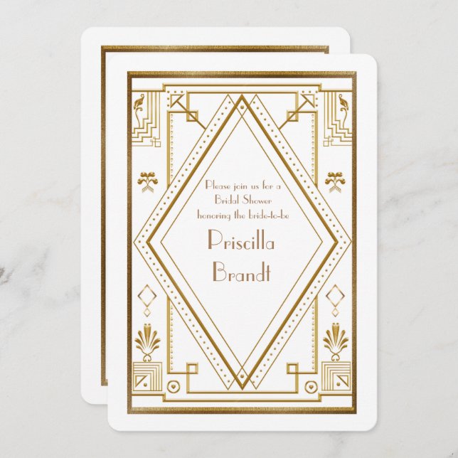 Bridal Shower invitation,great Gatsby gold white Invitation (Front/Back)