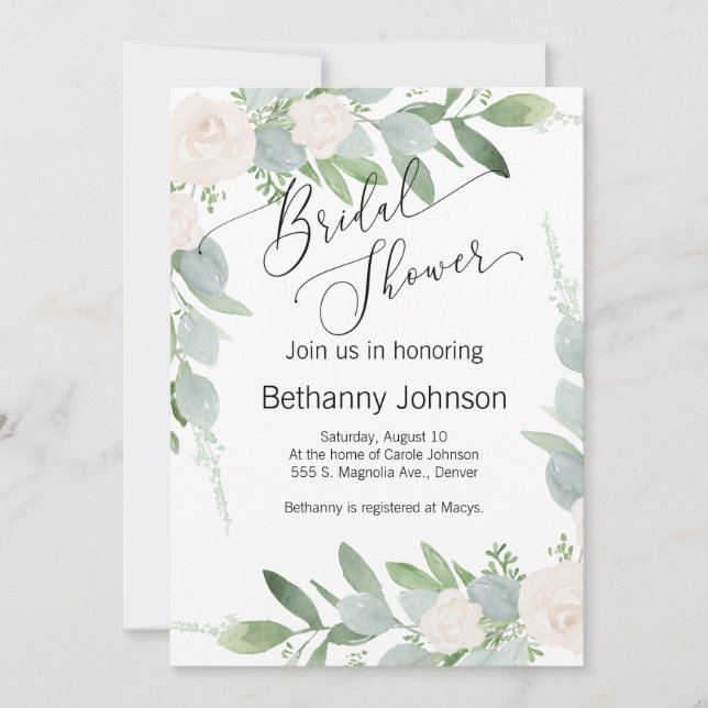Bridal Shower Invitation greenery and blush (Front)