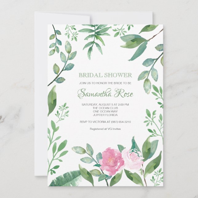 Bridal Shower Invitation Greenery and Pink Roses (Front)