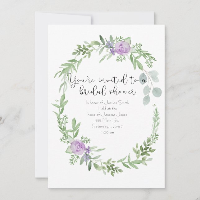 Bridal Shower Invitation lavender and greenery (Front)