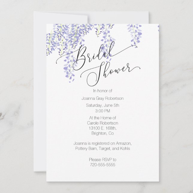 Bridal Shower Invitation Lavender Wisteria (Front)