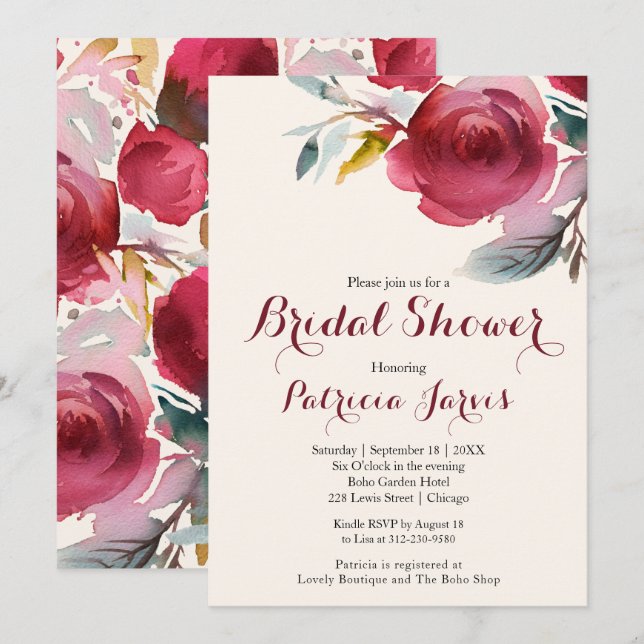 Bridal Shower Invitation Marsala Chic Boho Floral (Front/Back)