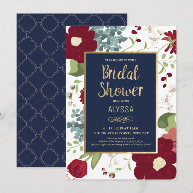 Bridal Shower Invitation - Modern Floral w/ Gold (Front/Back)