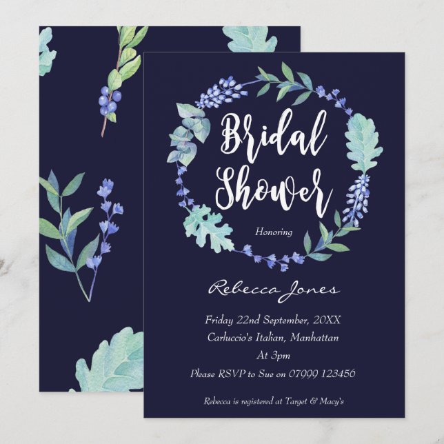 bridal shower invitation modern navy floral wreath (Front/Back)