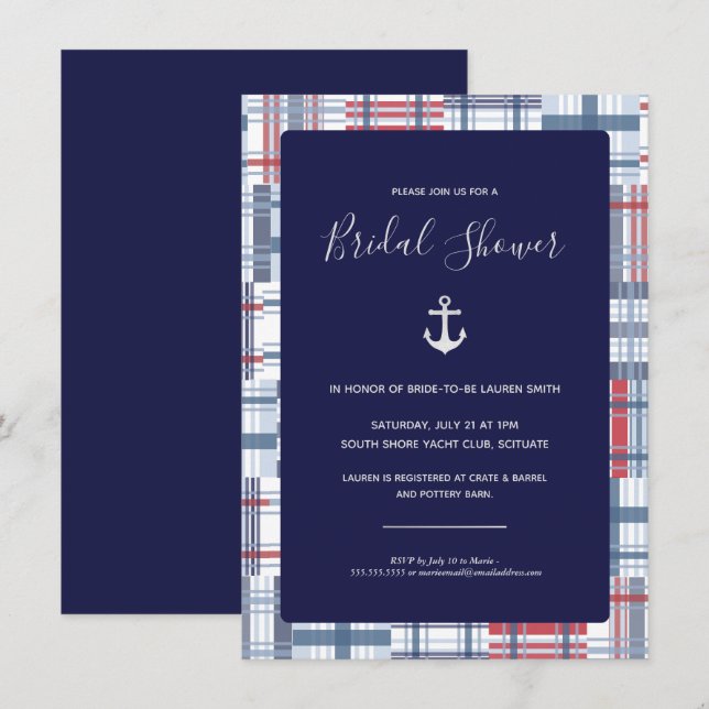 Bridal Shower Invitation, Nautical, Preppy, Navy Invitation (Front/Back)