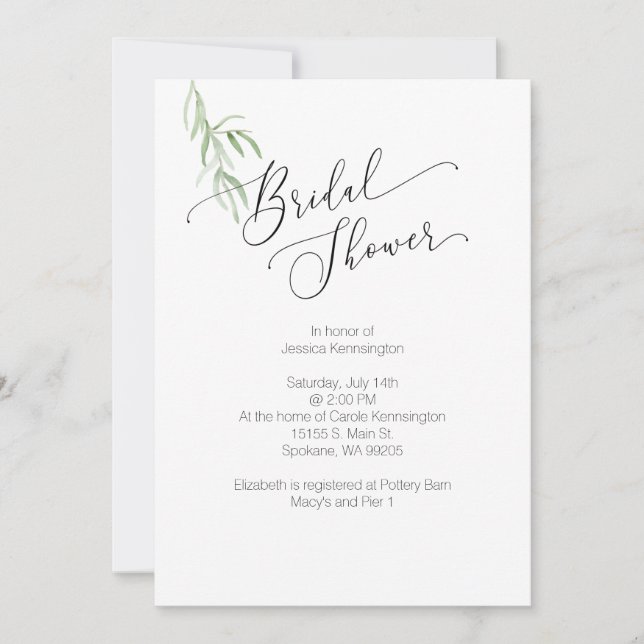 Bridal Shower Invitation Olive Branch Watercolor (Front)