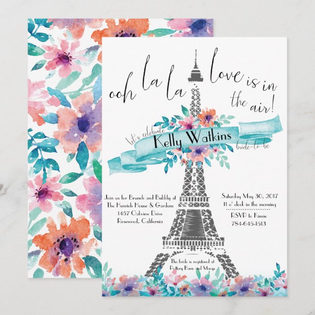 Bridal Shower Invitation- Paris, Floral Invitation (Front/Back)