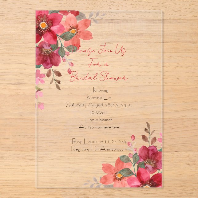 Bridal Shower Invitation pink floral design (Front)