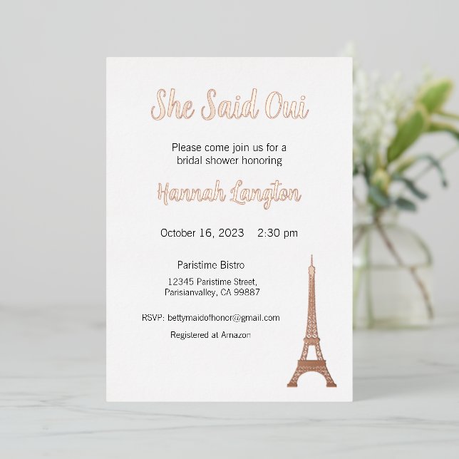 Bridal Shower Invitation, She Said Oui Yes  (Standing Front)