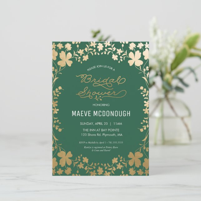 Bridal Shower Invitation, Vintage Green & Gold Invitation (Standing Front)