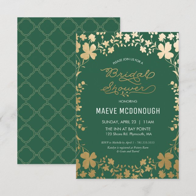 Bridal Shower Invitation, Vintage Green & Gold Invitation (Front/Back)