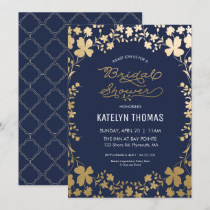 Bridal Shower Invitation, Vintage Navy Gold Flower Invitation