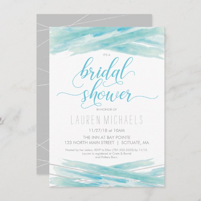 Bridal Shower Invitation - Watercolor, Blue Silver (Front/Back)