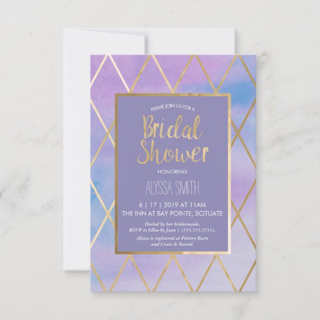 Bridal Shower Invitation - Watercolor, Purple Gold (Front)