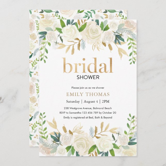 Bridal Shower Invitation | White and gold floral (Front/Back)
