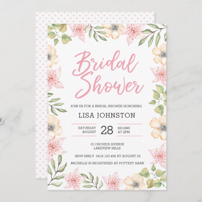 Bridal Shower Invitation | White and pink flowers (Front/Back)
