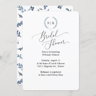 Bridal Shower invitation with blue laurel monogram