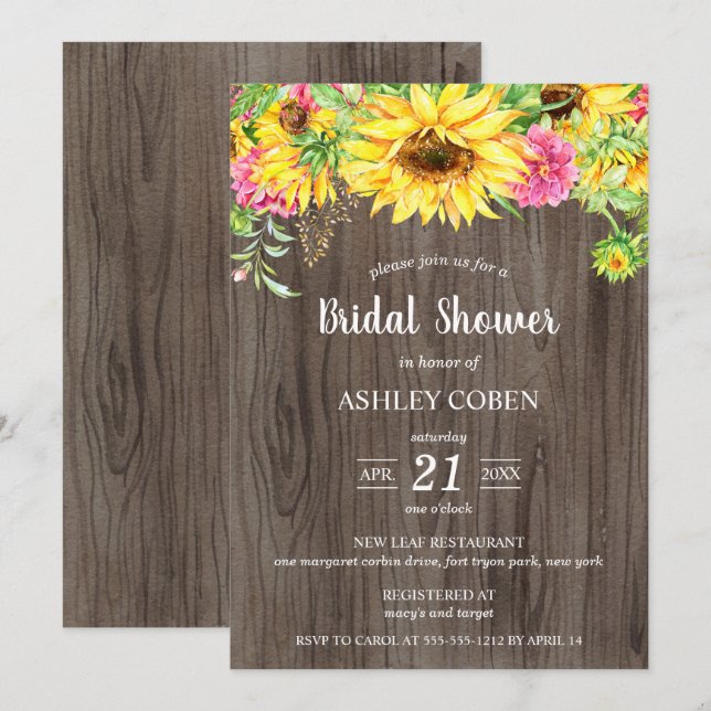 Bridal Shower Invitation with Sunflowers on Wood (Front/Back)