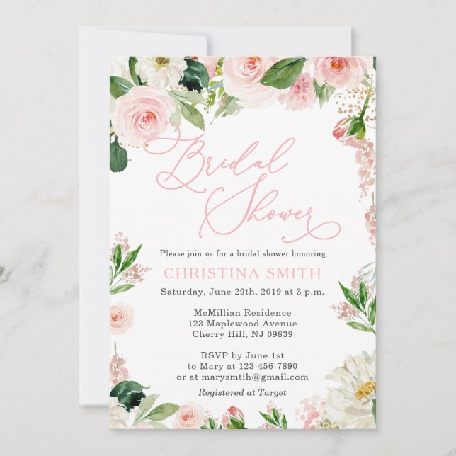 Bridal Shower Invitations Blush Floral (Front)