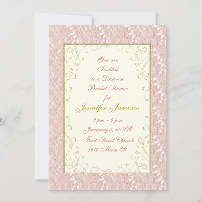 Bridal Shower Invitations Pink lace, Ivory, Gold (Front)