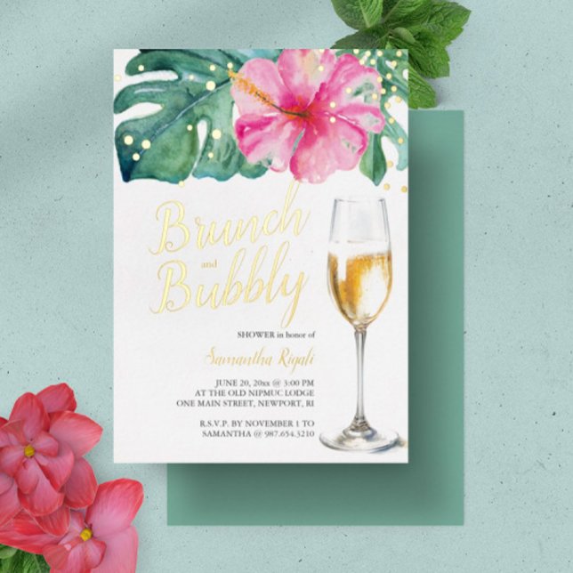 Bridal Shower Invitations | Pink Tropical Flower (bridal shower invitations tropical green, pink and gold foil brunch and bubbly)